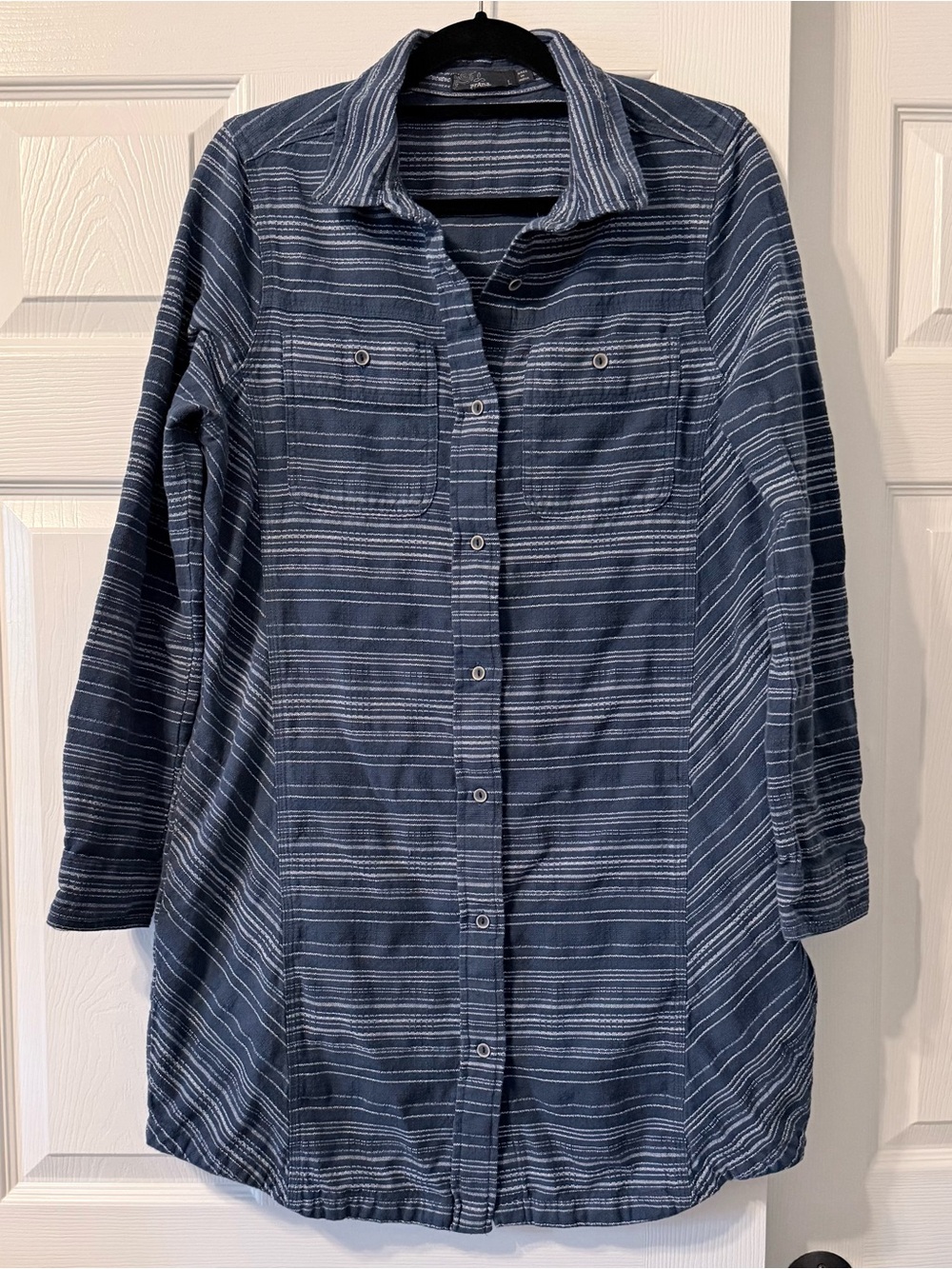 prAna Dyri Button Front Shirt Dress Large Blue Striped Organic Cotton - Picture 3 of 11